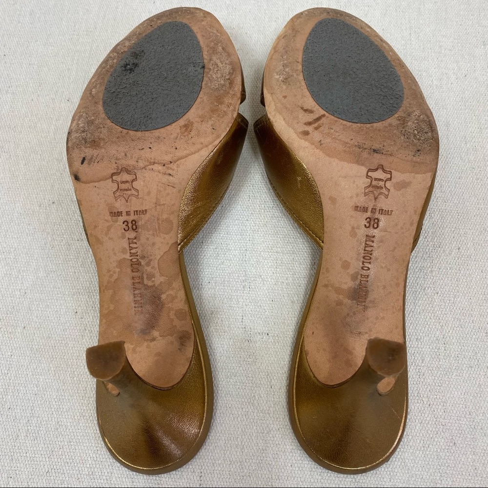 Manolo Blahnik Gold Leather Embellished Slide Sandals - Picture 7 of 9